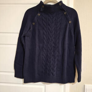 Talbots Funnel Neck Cable Knit Pullover Sweater Navy Blue Medium Cotton Blend